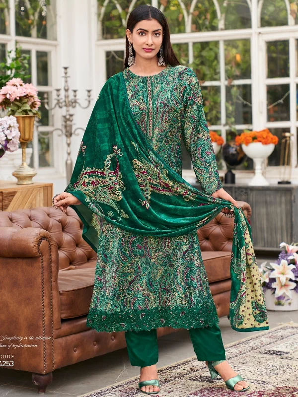 Women's Green Velvet Digital Print With Resham Thread Work Kurta With Trouser & Dupatta - Jyoti Fashion Trousers Ceremony Elegant