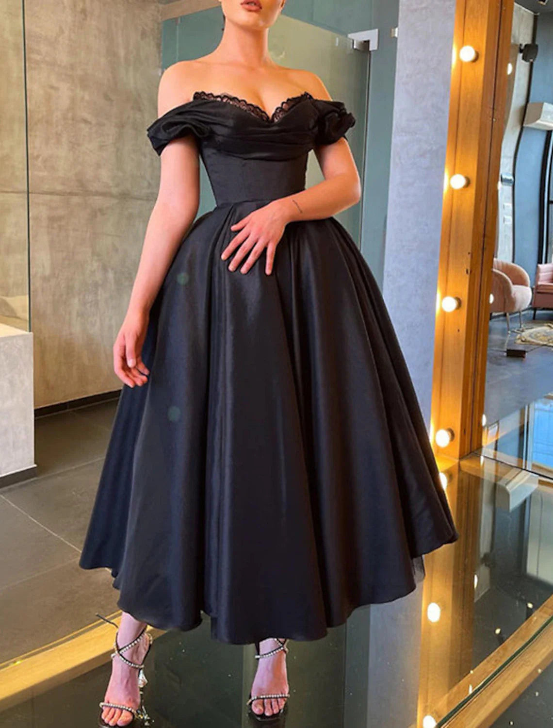 A-Line Prom Black Dress Vintage Dress Masquerade Wedding Party Tea Length Short Sleeve Off Shoulder Fall Wedding Guest Satin with Ruched Tunics Exclusive limited A-Line Prom Black Dress Vintage Dress Masquerade Wedding Party Tea Length Short Sleeve Off Shoulder Fall Wedding Guest Satin with Ruched Tunics Exclusive limited
