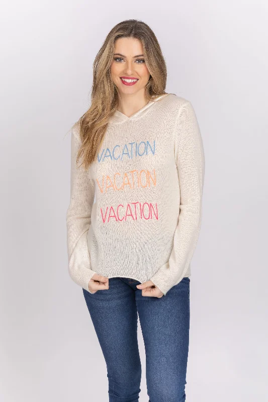 Golden Sun Vacation Cashmere Sweater With Hood in White Multi Zippered Buttoned Snapped