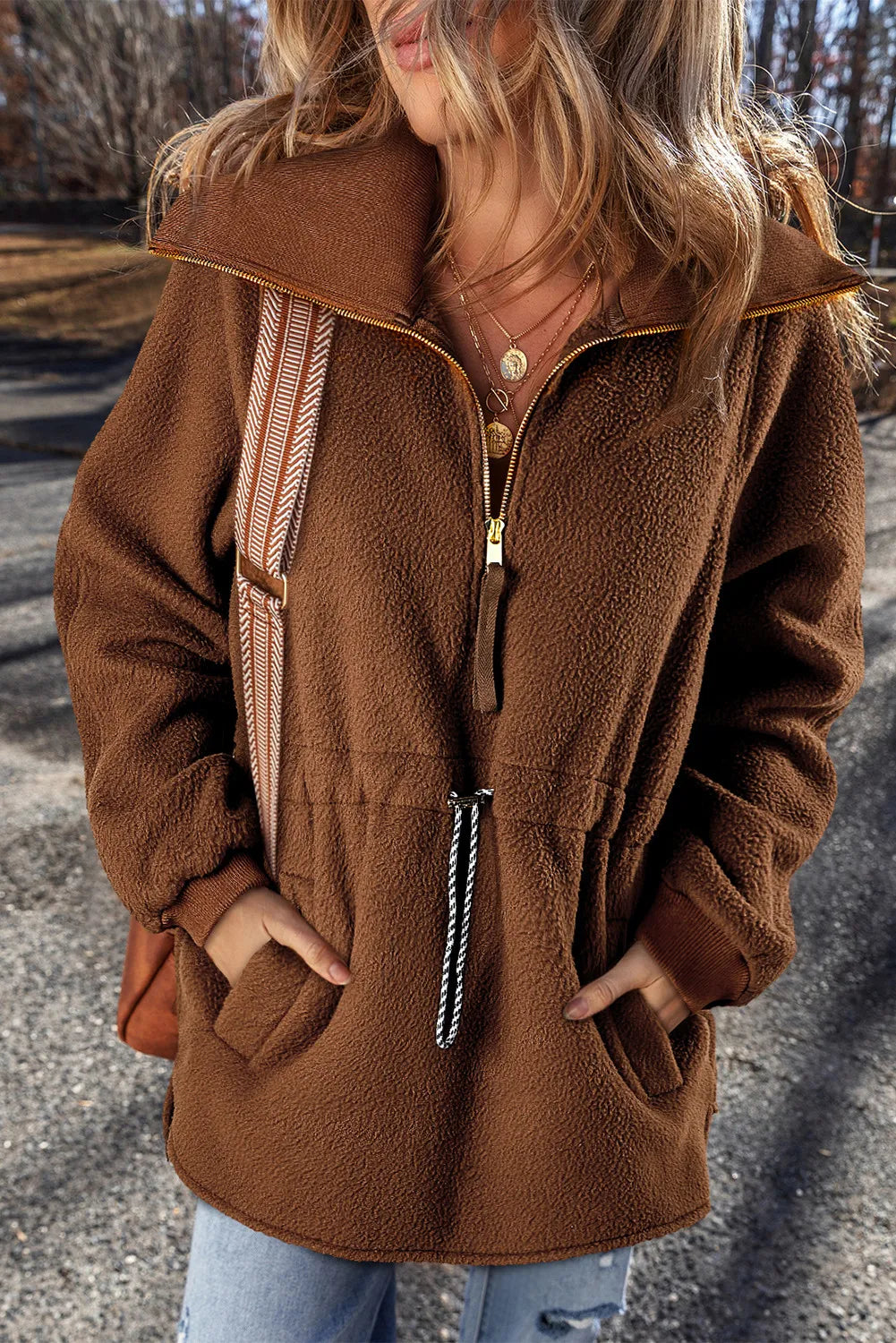 Isla Drawstring Half Zip Long Sleeve Sweatshirt Hoodie with Contrast Stitching Detailed Premium