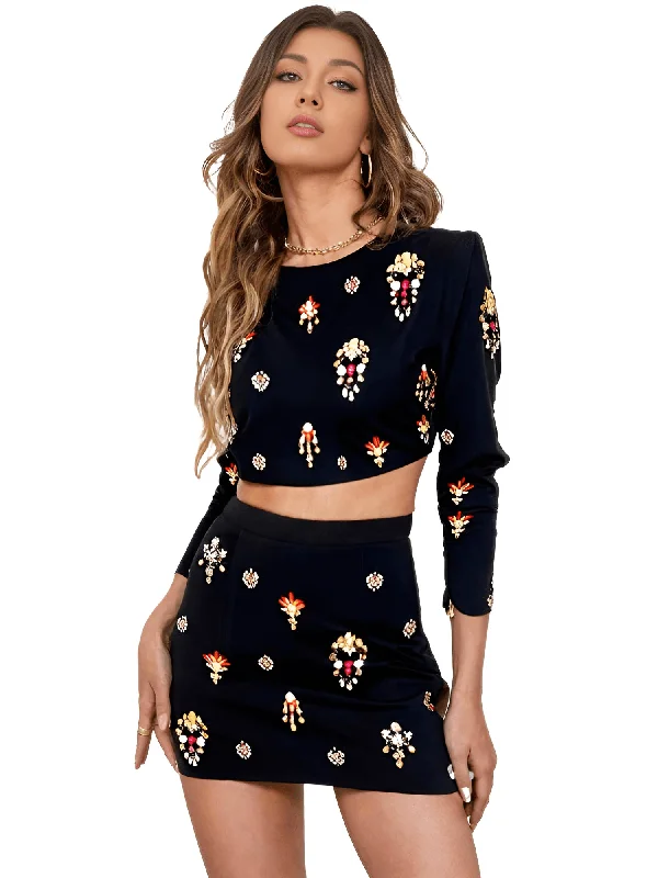 Luxury Colorful Diamond Beaded Long Sleeve Black Short Top + Skirt Two-Piece Set linen skirt airy