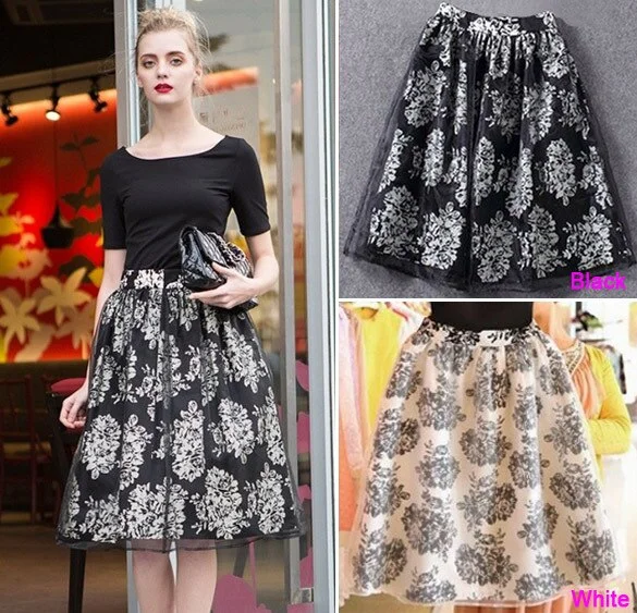 Free Size Summer Autumn European US Style Casual Women Floral Knee White Black Vintage Ladies High Waist Flared Puff Skirts silk skirt elegant Free Size Summer Autumn European US Style Casual Women Floral Knee White Black Vintage Ladies High Waist Flared Puff Skirts silk skirt elegant