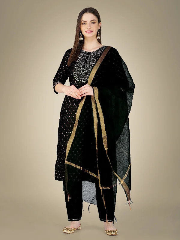 Women's Black Cotton Magic Slub Embroidery & Sequence Work Kurta With Trouser & Dupatta - Jyoti Fashion Trousers Leather Faux