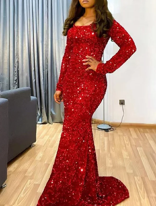 Mermaid Evening Gown Sparkle Red Green Dress Dress Formal Wedding Guest Sweep / Brush Train Long Sleeve Scoop Neck Sequined with Sequin Tunics Trousers formal Mermaid Evening Gown Sparkle Red Green Dress Dress Formal Wedding Guest Sweep / Brush Train Long Sleeve Scoop Neck Sequined with Sequin Tunics Trousers formal