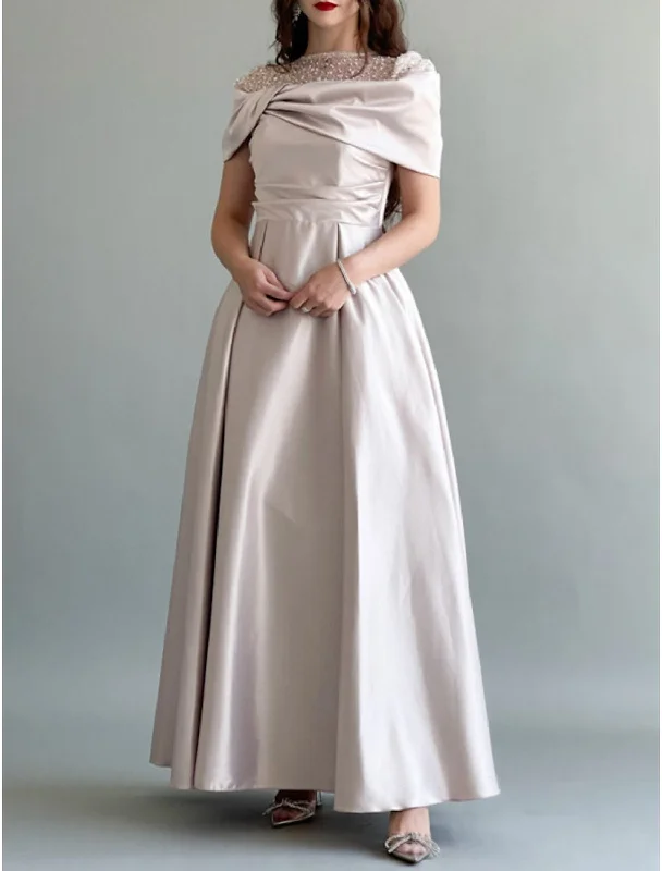 A-Line Evening Gown Elegant Dress Wedding Guest Prom Floor Length Sleeveless Jewel Neck Satin with Ruched Pearls Sequin Tunics Hiking breathable A-Line Evening Gown Elegant Dress Wedding Guest Prom Floor Length Sleeveless Jewel Neck Satin with Ruched Pearls Sequin Tunics Hiking breathable