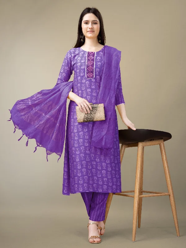 Women's Purple Rayon Embroidery & Sequence Work Kurta With Trouser & Dupatta - Jyoti Fashion Trousers High Rise Slim Fit