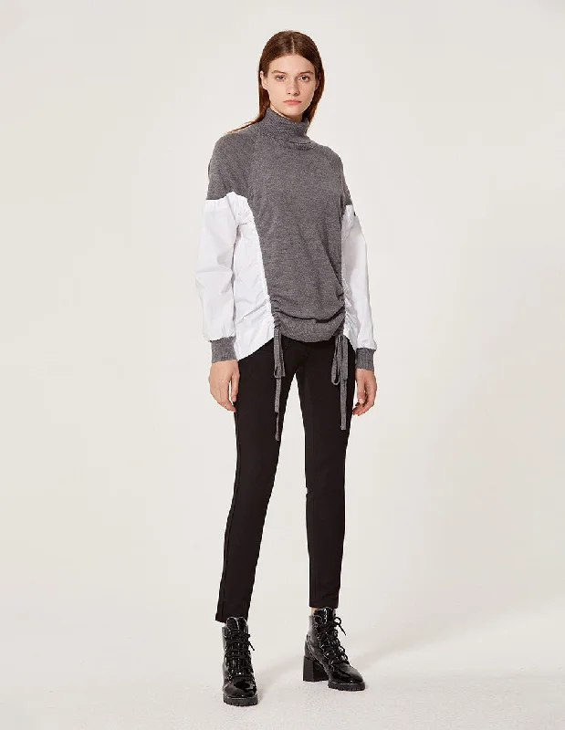 MARYLING Wool Rib Knit Splicing Cotton Sleeve Sweater Solid Print Embellished