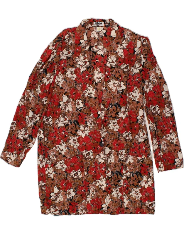 LIBRA Womens Longline 1 Button Blazer Jacket UK 14 Large Brown Floral Rayon Jacket Velvet Jacket Corduroy Jacket