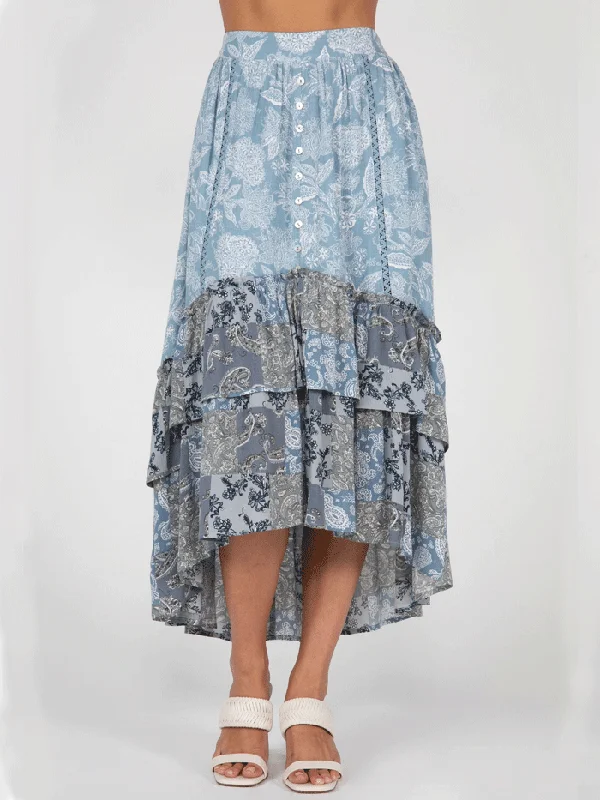Miss Me MS0133L Womens Long Tiered Ruffled Floral Skirt Blue corduroy skirt durable
