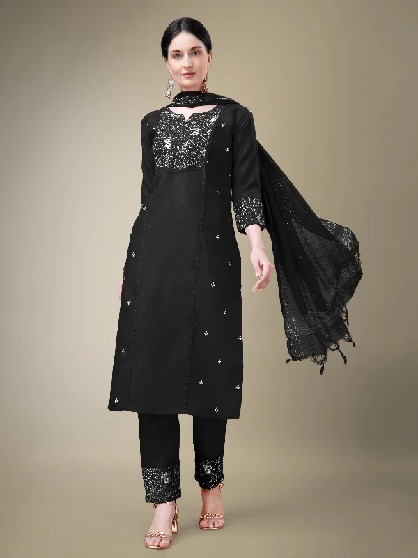 Women's Black Cotton Blend Embroidery & Fancy Lace Work Kurta With Trouser & Dupatta - Jyoti Fashion Trousers Canvas Durable