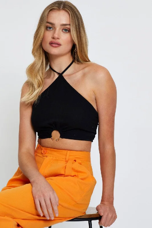 Black Crop Top Sleeveless Halter Hooded Caped Shawl Collar