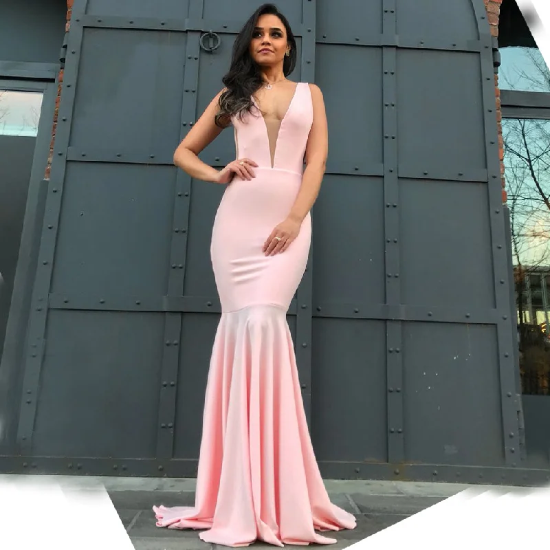 Pink Sexy Mermaid Deep V-neck Backless Prom Dresses, FC2343 Turtleneck Neckline Stylish