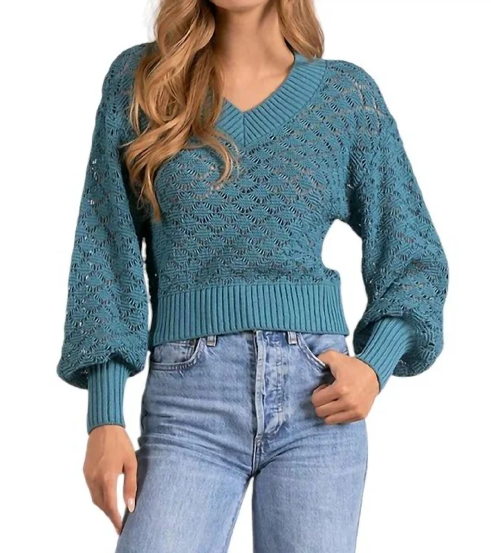 Brie Sweater In Peacock Hooded Caped Shawl Collar
