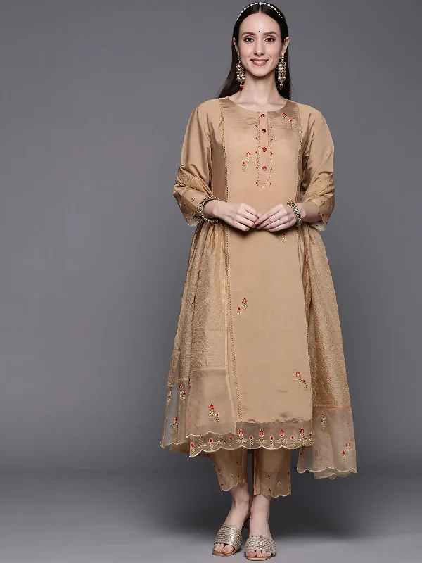 Women's Beige Embroidered Straight Kurta Trousers With Dupatta Set - Indo Era Trousers sophisticated sleek