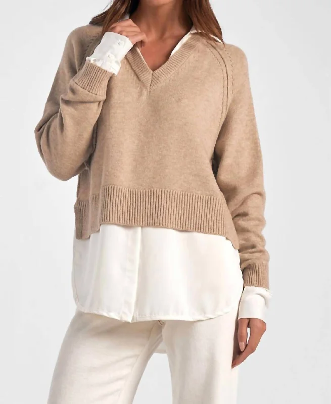Stevie Layered Sweater/shirt Combo In Taupe/white Elasticated Padded Insulated