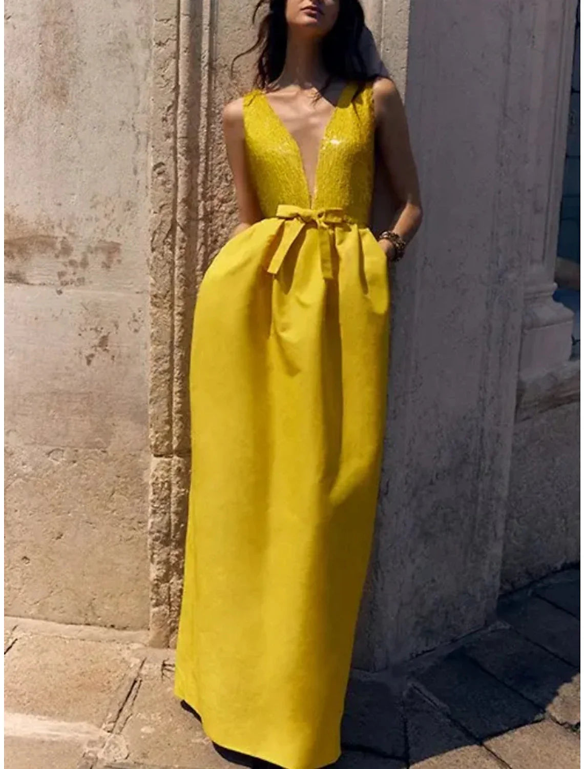 A-Line Evening Gown Elegant Dress Formal Floor Length Sleeveless V Neck Sequined with Bow(s) Pleats Cowl Neckline Elegant A-Line Evening Gown Elegant Dress Formal Floor Length Sleeveless V Neck Sequined with Bow(s) Pleats Cowl Neckline Elegant