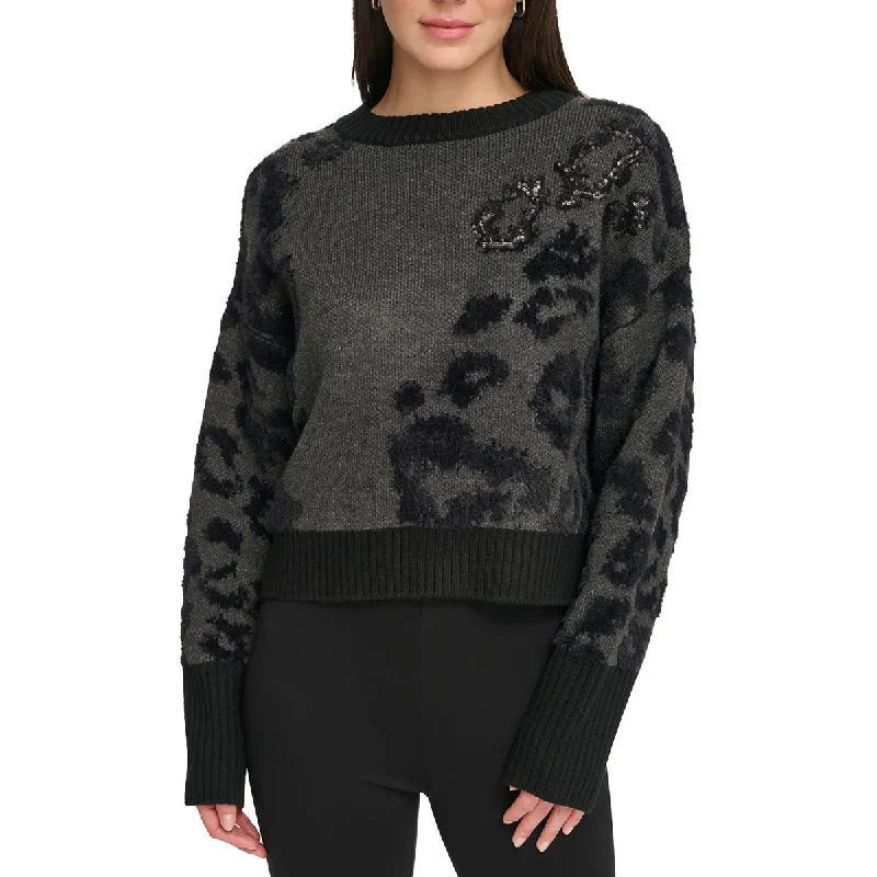 Womens Sequined Printed Crewneck Sweater Seamless Knitted Crochet