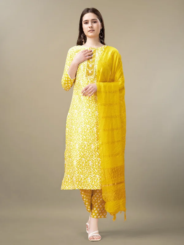 Women's Yellow Rayon Embroidery & Sequence Work Kurta With Trouser & Dupatta - Jyoti Fashion Trousers Palazzo Wide Leg