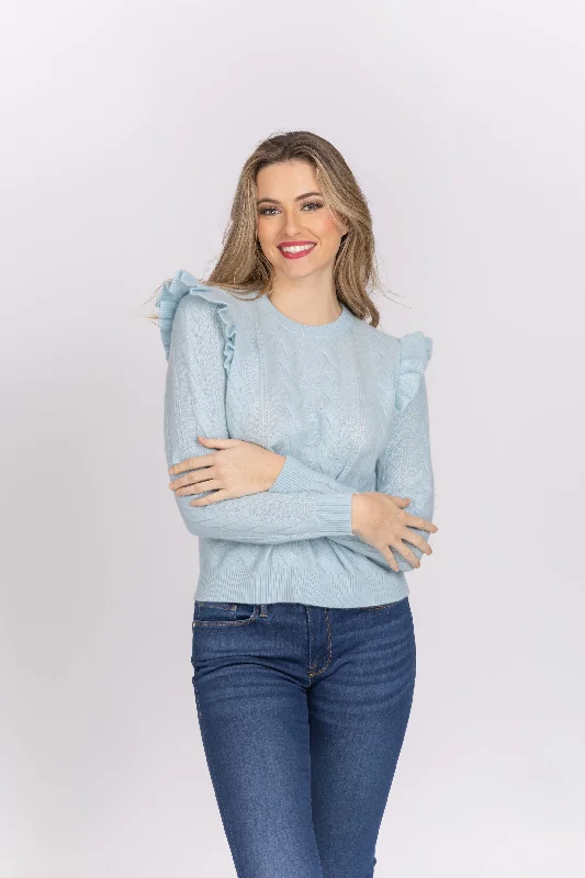 MinnieRose Cashmere Pointelle Crew Sweater in Baby Blue Transparent Opaque Sheer