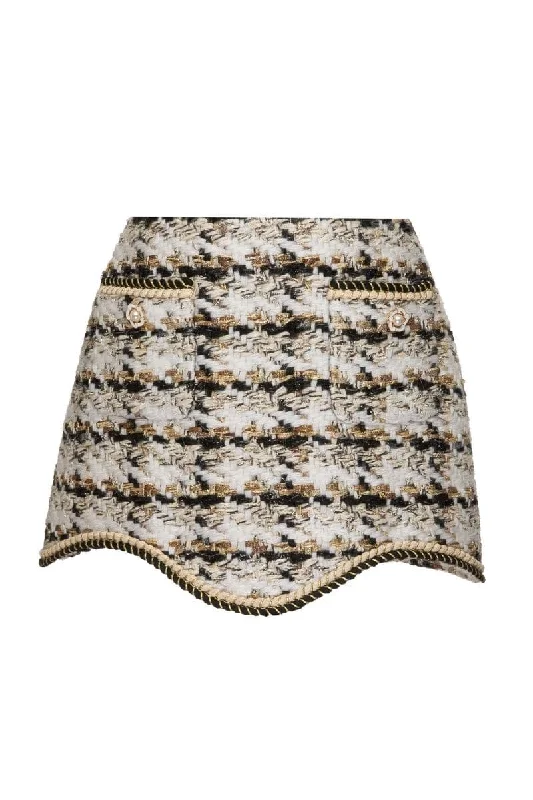 CHECKERED WHITE SCALOP EDGE WOOL-BLEND MINI SKIRT belted skirt waist