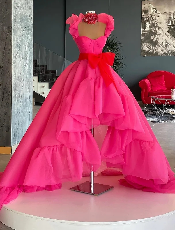 Ball Gown Evening Gown High Low Dress Quinceanera Asymmetrical Sleeveless Square Neck Organza with Bow(s) Ruffles Tunics Handmade artisanal