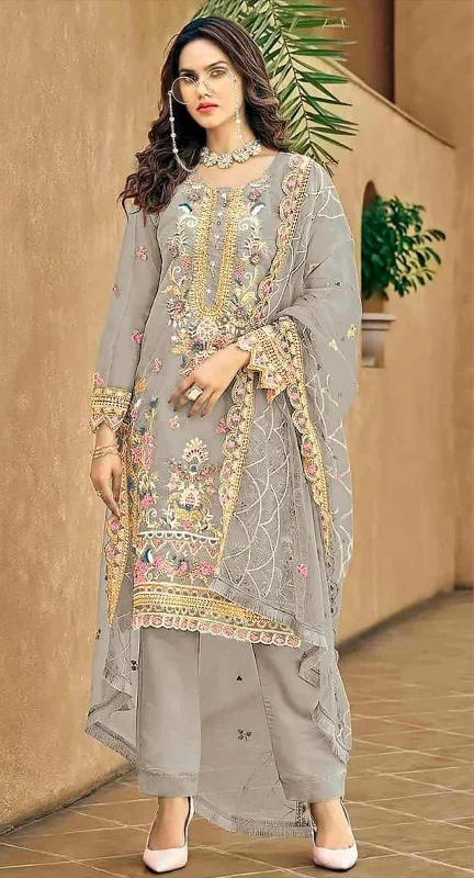 Women's Grey Organza Silk Embroidered With Handwork Kurta With Trouser & Dupatta - Jyoti Fashion Skinny Trousers Denim Stretchy
