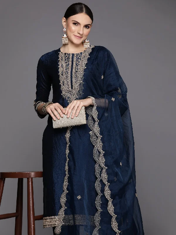 Women's Blue Embroidered Straight Kurta Trousers With Dupatta Set - Indo Era Trousers Essential Wardrobe