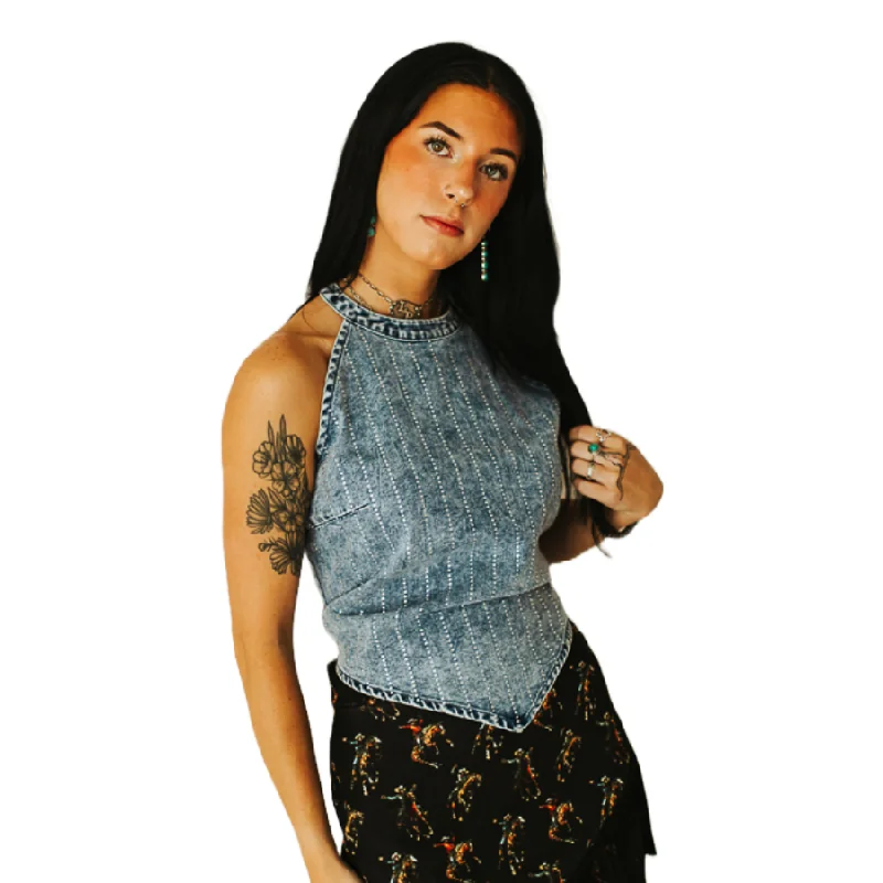 Lucky & Blessed Ladies Rhinestone Mineral Wash Denim Halter Tank TO618-AW casual tank top