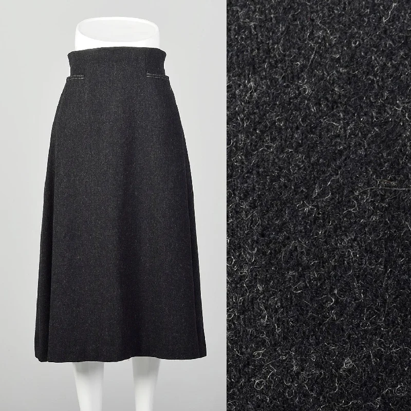 Small 1960s Mod Gray Wool Midi Skirt High Waist A Line Topstitch with Pockets velvet skirt rich