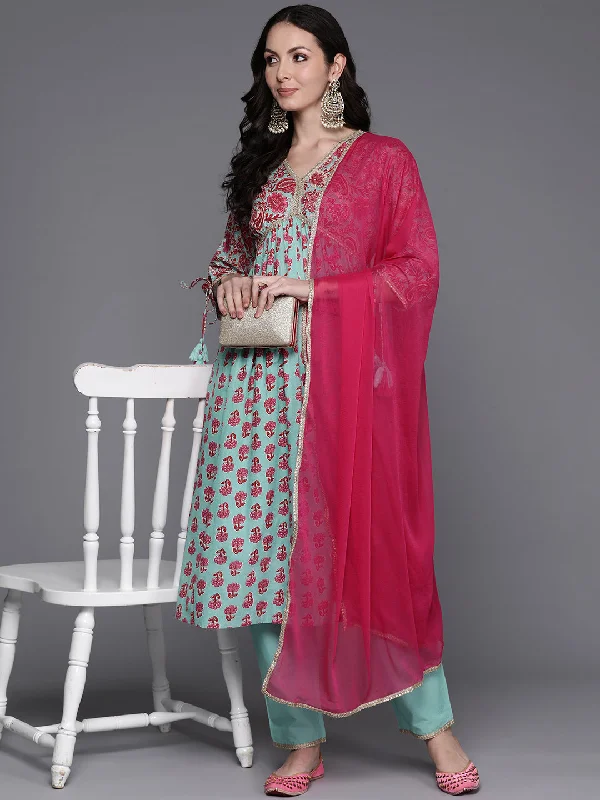 Women's Sea Green Printed A-Line Kurta Trousers With Dupatta Set - Indo Era Trousers Pleated Formal