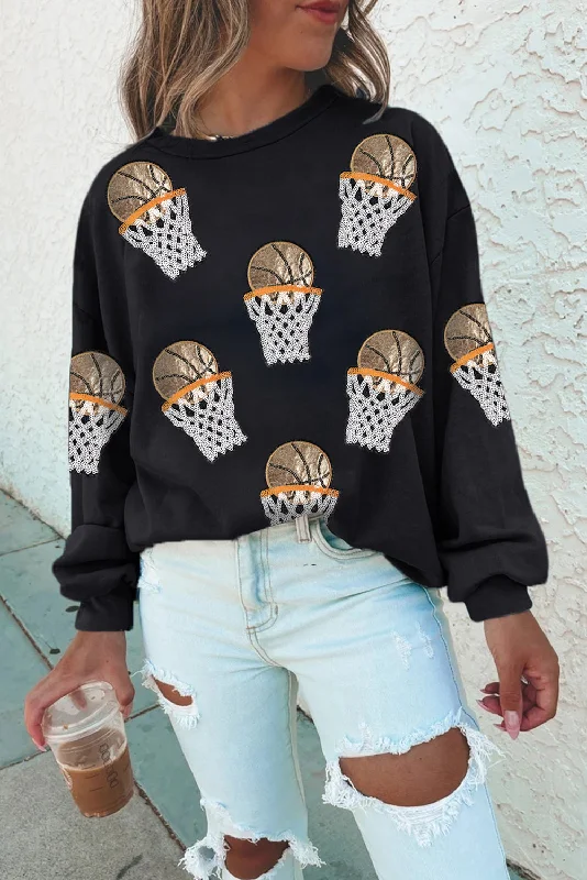 Black Basketball Patched Game Day Crew Neck Graphic Sweatshirt Hoodie with Illustration Artistic Creative
