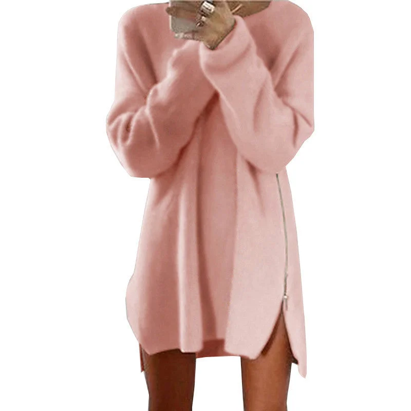 Elegant Long Sleeve Sweater Dress Women Casual Zipper Kintted Loose Winter Tunic Dresses Spandex Rayon Corduroy