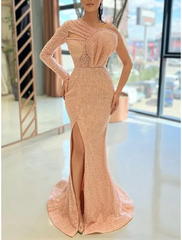 A-Line Evening Gown Elegant Dress Formal Sweep / Brush Train Long Sleeve One Shoulder Sequined with Glitter Pleats Ruched Tunics Trendy modern A-Line Evening Gown Elegant Dress Formal Sweep / Brush Train Long Sleeve One Shoulder Sequined with Glitter Pleats Ruched Tunics Trendy modern