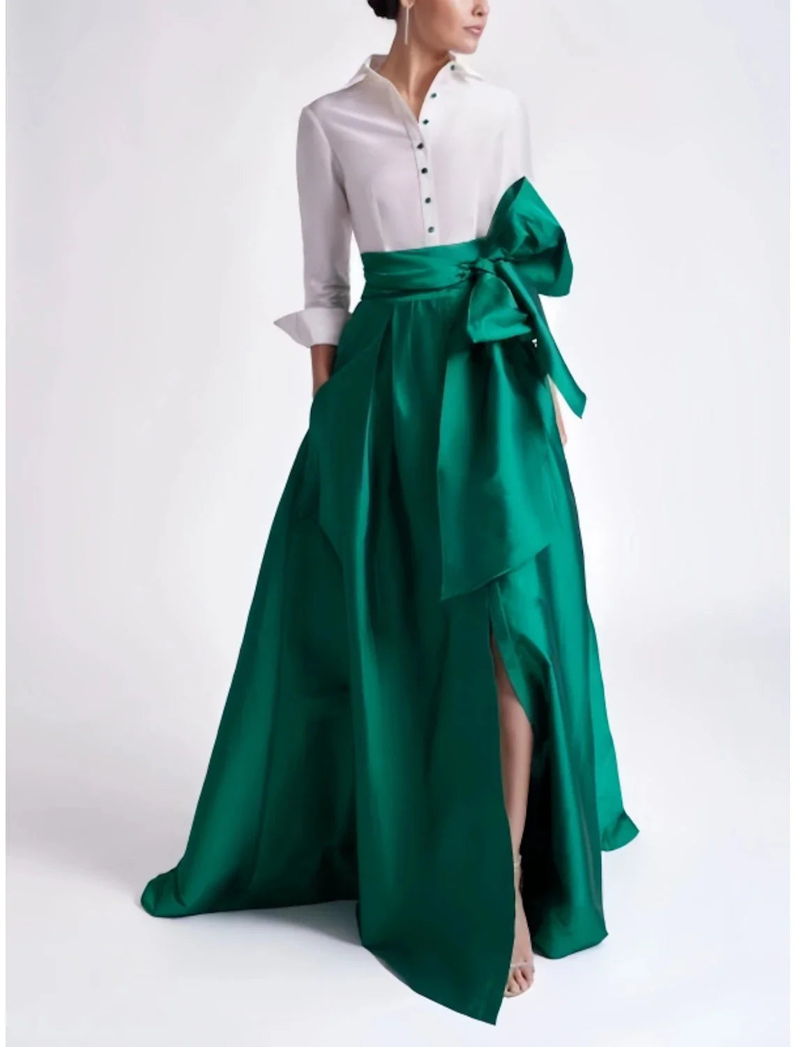 A-Line Evening Gown Elegant Red Green Dress Formal Wedding Guest Sweep / Brush Train 3/4 Length Sleeve Shirt Collar Satin with Bow(s) Slit Tunics Travel practical A-Line Evening Gown Elegant Red Green Dress Formal Wedding Guest Sweep / Brush Train 3/4 Length Sleeve Shirt Collar Satin with Bow(s) Slit Tunics Travel practical