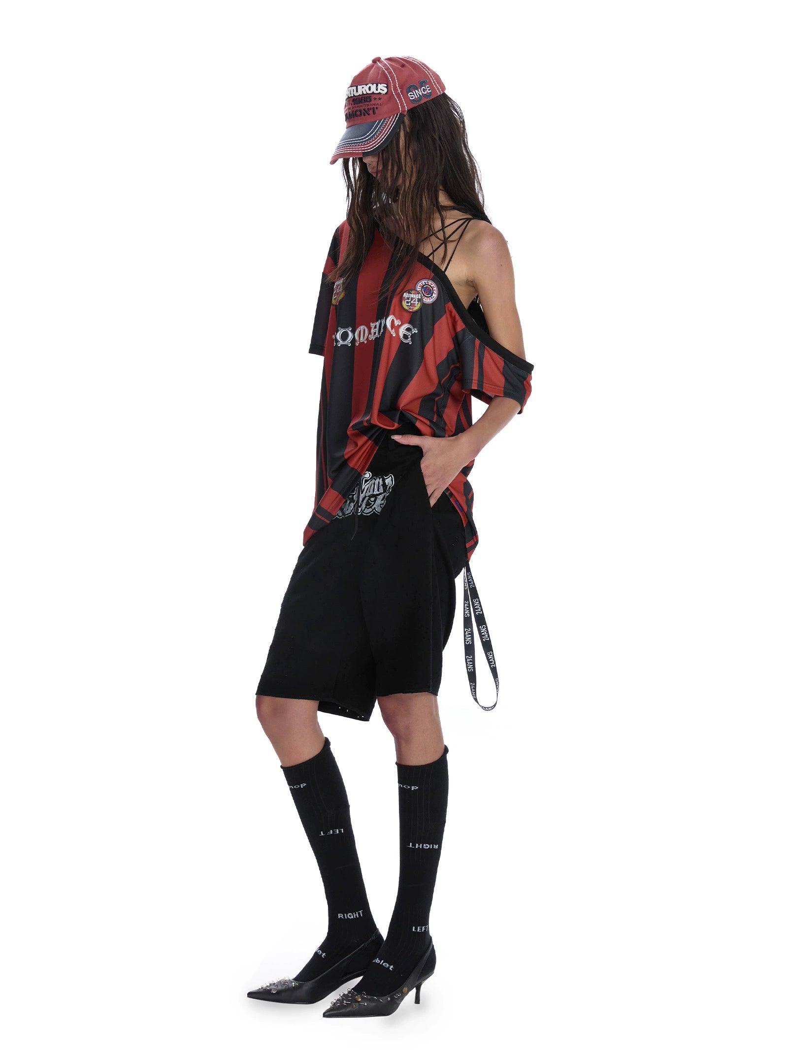 24Ans Striped Off-Shoulder Soccer Jersey - Unisex Asymmetric One-Sleeve Sports Top Minimalist Jersey Tee