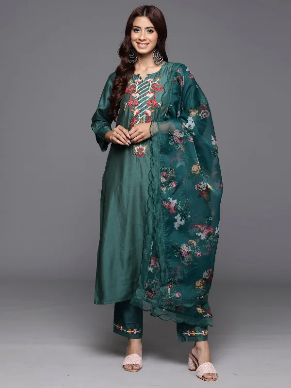 Women's Teal Embroidered Straight Ethnic Kurta Trousers With Dupatta Set - Indo Era Trousers Satin Smooth