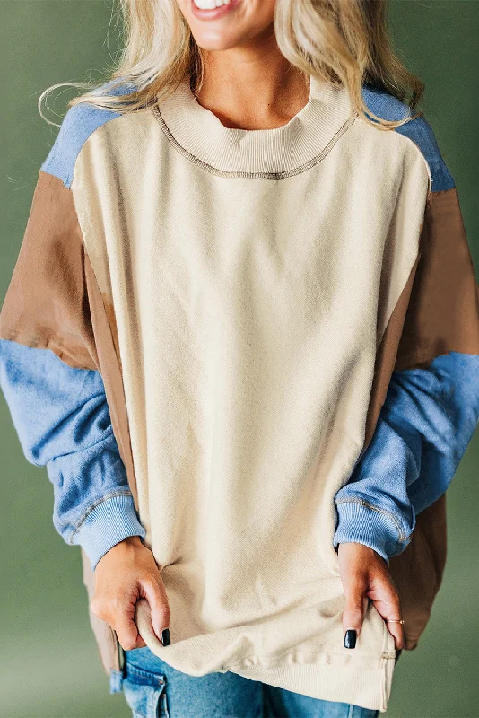 Sky Blue Ribbed Detail Color Block Sleeve Baggy Sweatshirt Hoodie with V-Neck Classic Versatile