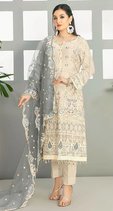 Women's Off White Georgette Embroidered With Handwork Kurta With Trouser & Dupatta - Jyoti Fashion Trousers Print Floral