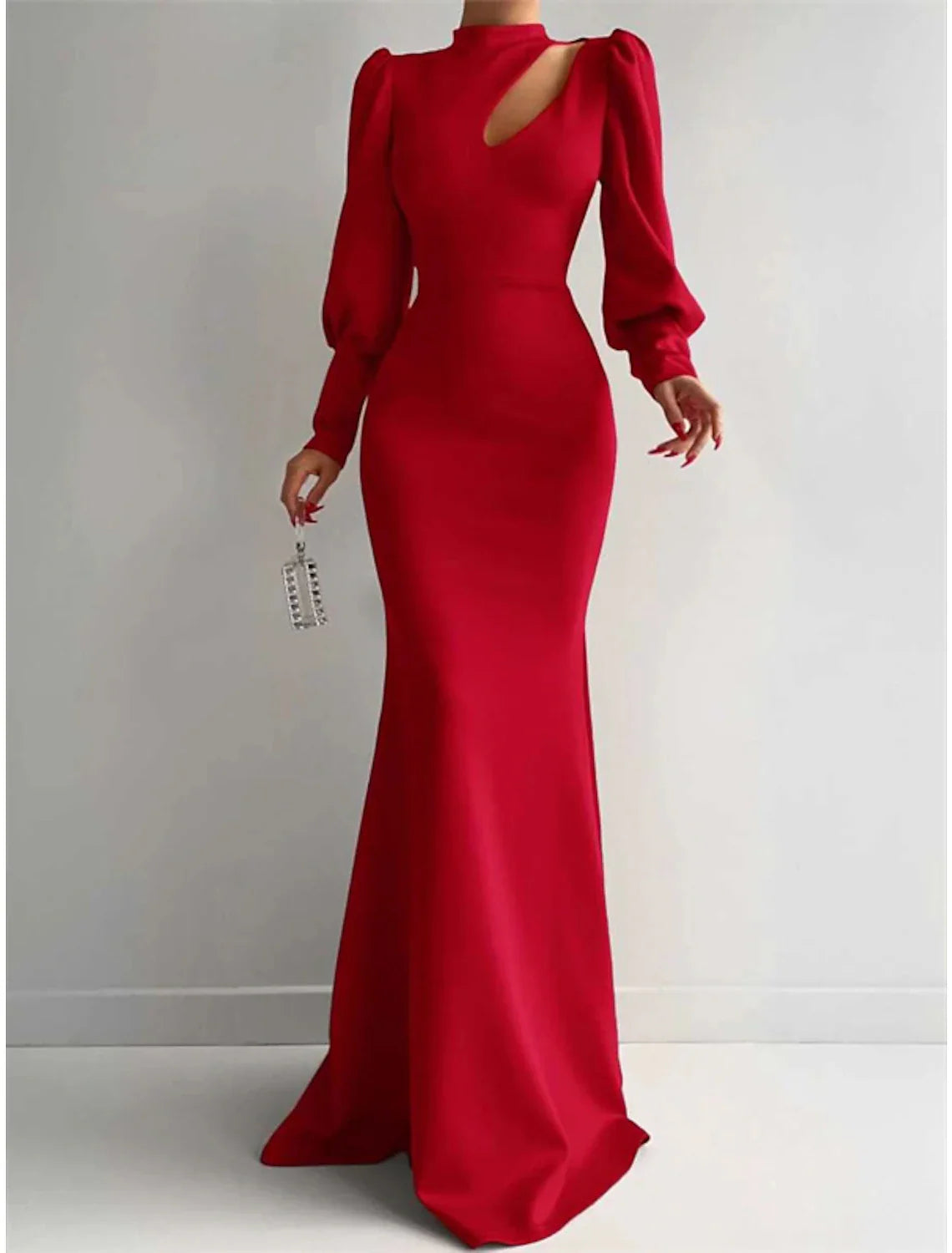 Mermaid Evening Gown Elegant Dress Formal Red Green Dress Sweep / Brush Train Long Sleeve High Neck Satin with Ruched Tunics Vintage classic