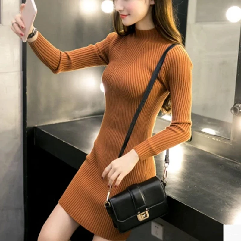 Women Sweater Dresses Casual Black Bodycon Dress Basic Long Sleeve Mini Office Knitted Dress Terry Blend Velvet Blend Canvas Blend