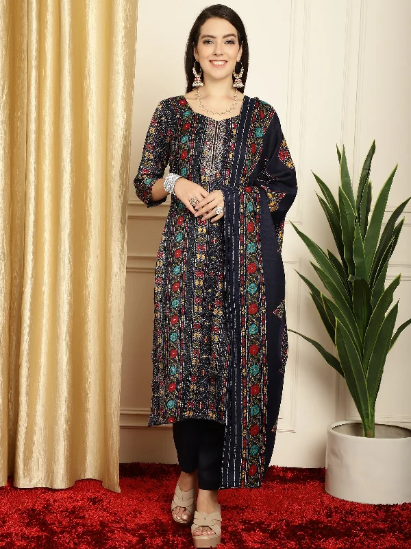 Women's Navy Blue Pashmina Floral Digital Printed Kurta With Trouser & Dupatta - Jyoti Fashion Trousers Sale Discount