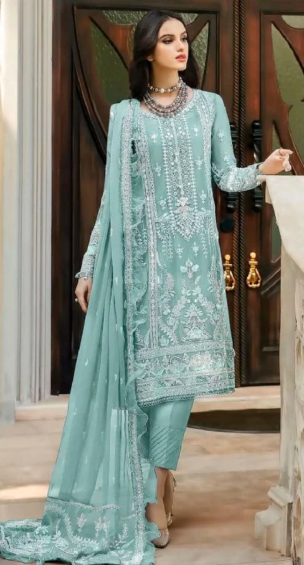 Women's Teal Georgette Embroidered With Handwork Kurta With Trouser & Dupatta - Jyoti Fashion Trousers Low Rise Relaxed