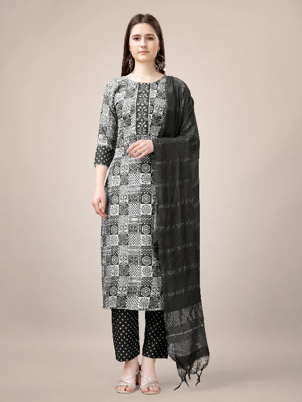 Women's Black Rayon Print With Embroidery & Fancy Lace Work Kurta With Trouser & Dupatta - Jyoti Fashion Skinny Trousers Denim Stretchy