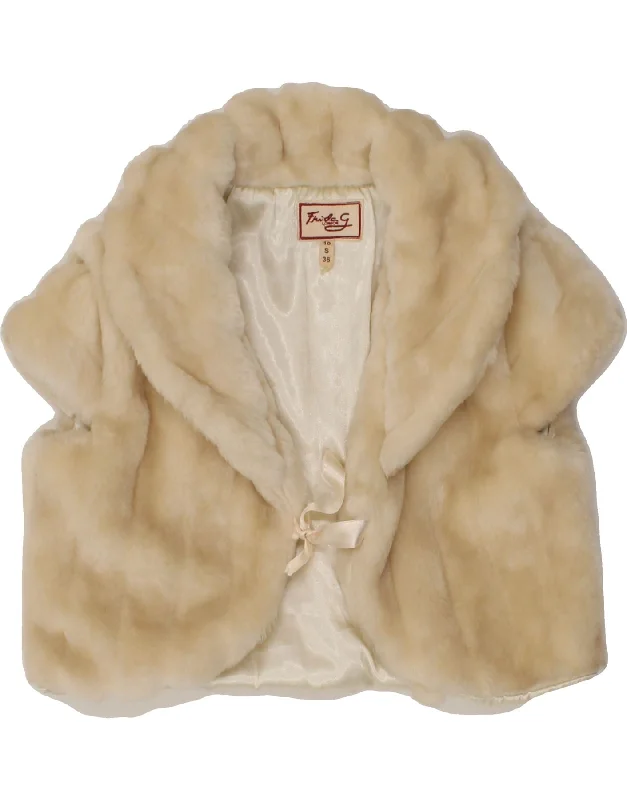 VINTAGE Womens Short Sleeve Faux Fur Bolero Jacket UK 10 Small Beige Rayon Fabric Velvet Fabric Corduroy Fabric