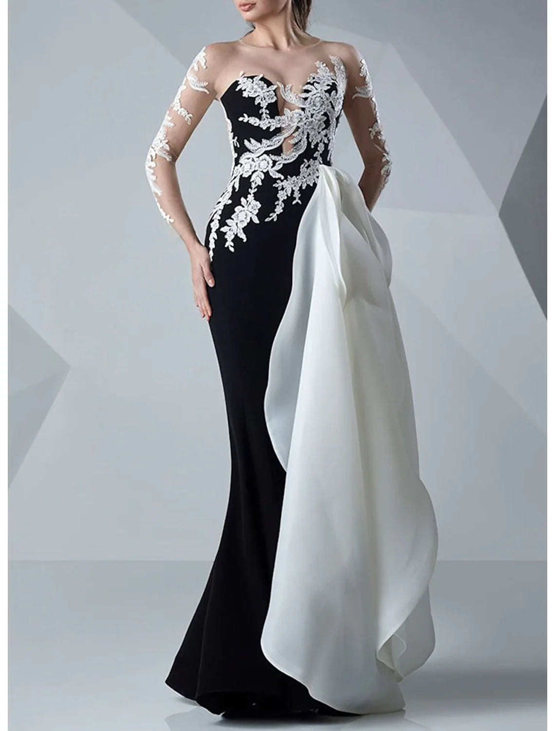 Mermaid / Trumpet Evening Gown Color Block Dress Formal Wedding Guest Floor Length Long Sleeve Jewel Neck Satin with Appliques Tunics Corduroy durable Mermaid / Trumpet Evening Gown Color Block Dress Formal Wedding Guest Floor Length Long Sleeve Jewel Neck Satin with Appliques Tunics Corduroy durable