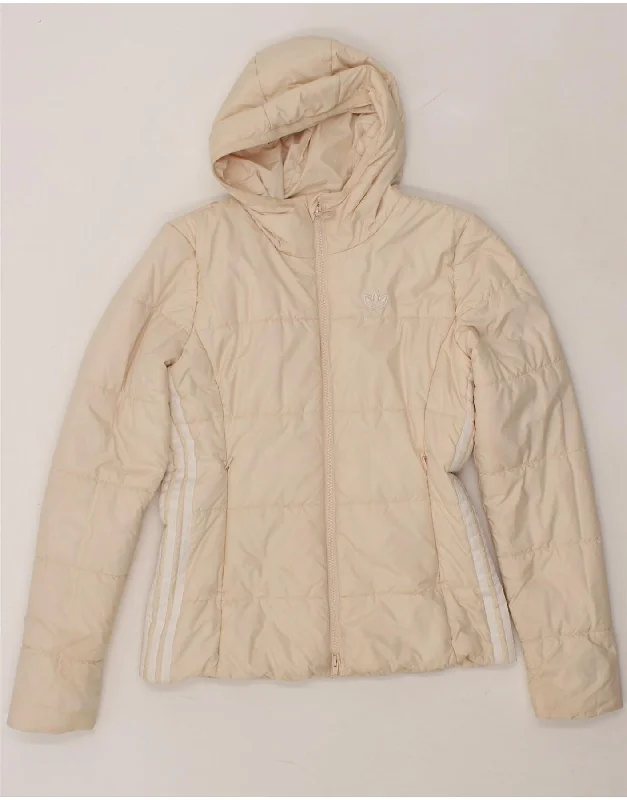 ADIDAS Womens Hooded Padded Jacket UK 8 Small  Beige Nylon Notch Collar Jacket Peter Pan Collar Jacket Cowl Neck Jacket