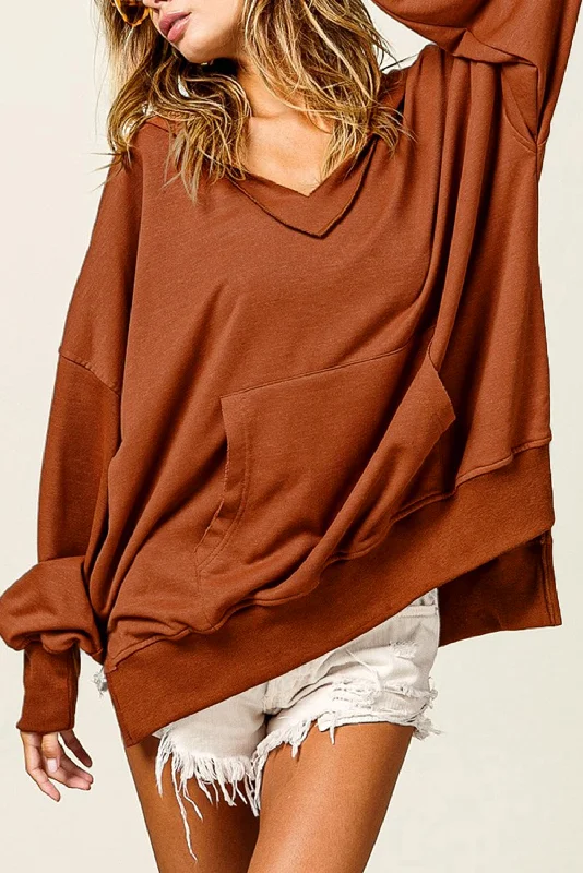 Chestnut V Neck Kangaroo Pocket Oversized Hoodie Hoodie with Set-In Sleeves Structured Classic