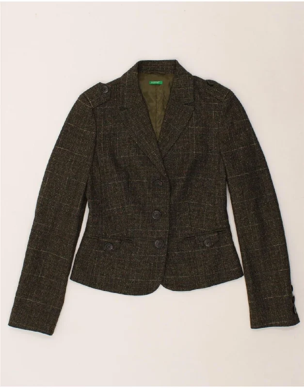 BENETTON Womens 3 Button Blazer Jacket IT 42 Medium Khaki Check Wool Zippered Jacket Buttoned Jacket Snapped Jacket