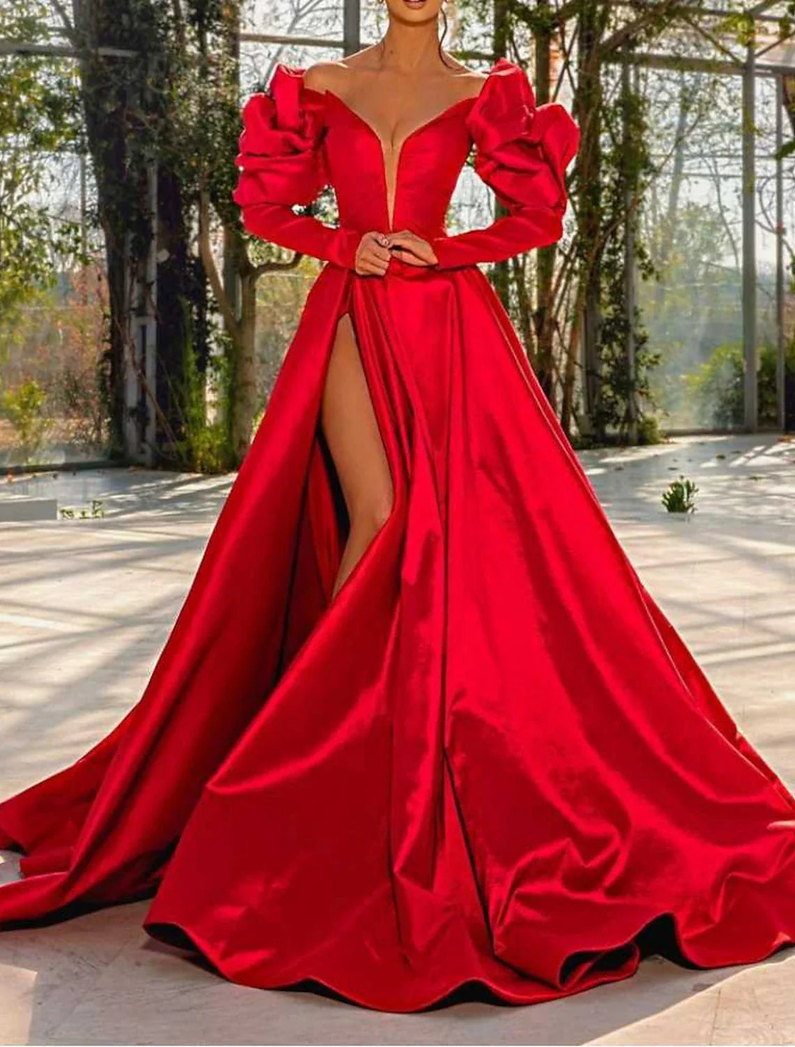 A-Line Evening Gown Red Green Dress Masquerade Prom Court Train Long Sleeve V Neck Satin with Slit Tunics Yoga stretchy