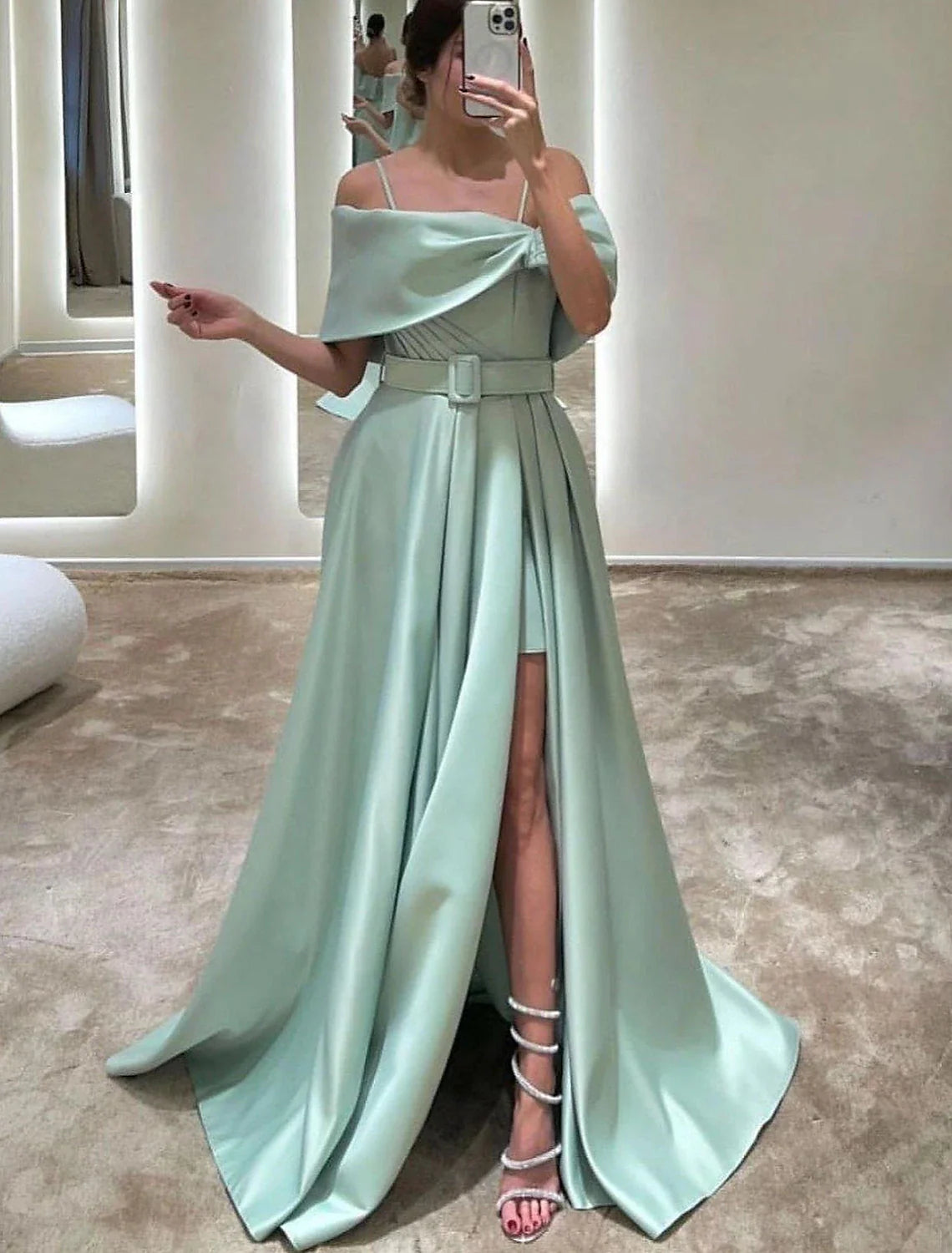 A-Line Evening Gown Elegant Dress Formal Floor Length Sleeveless Off Shoulder Satin with Crystals Slit Strapp Tunics Bridal satin A-Line Evening Gown Elegant Dress Formal Floor Length Sleeveless Off Shoulder Satin with Crystals Slit Strapp Tunics Bridal satin